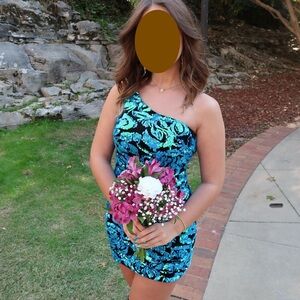 Blondie Nites One-Shoulder Turquoise and Black Dress